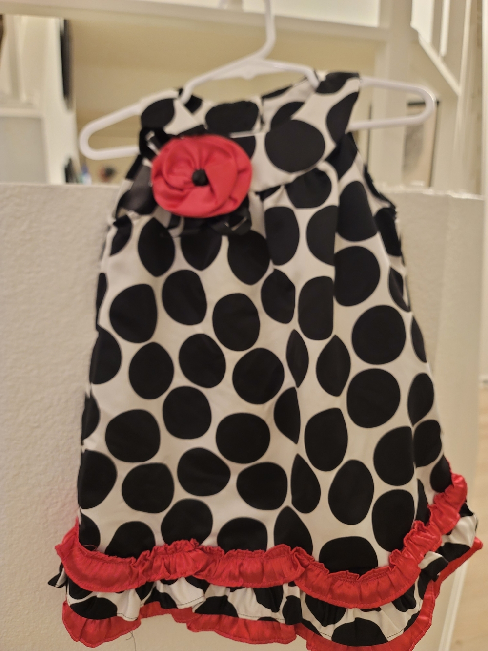 Girls Black & White Polka Dot Formal Dress with Red Trim